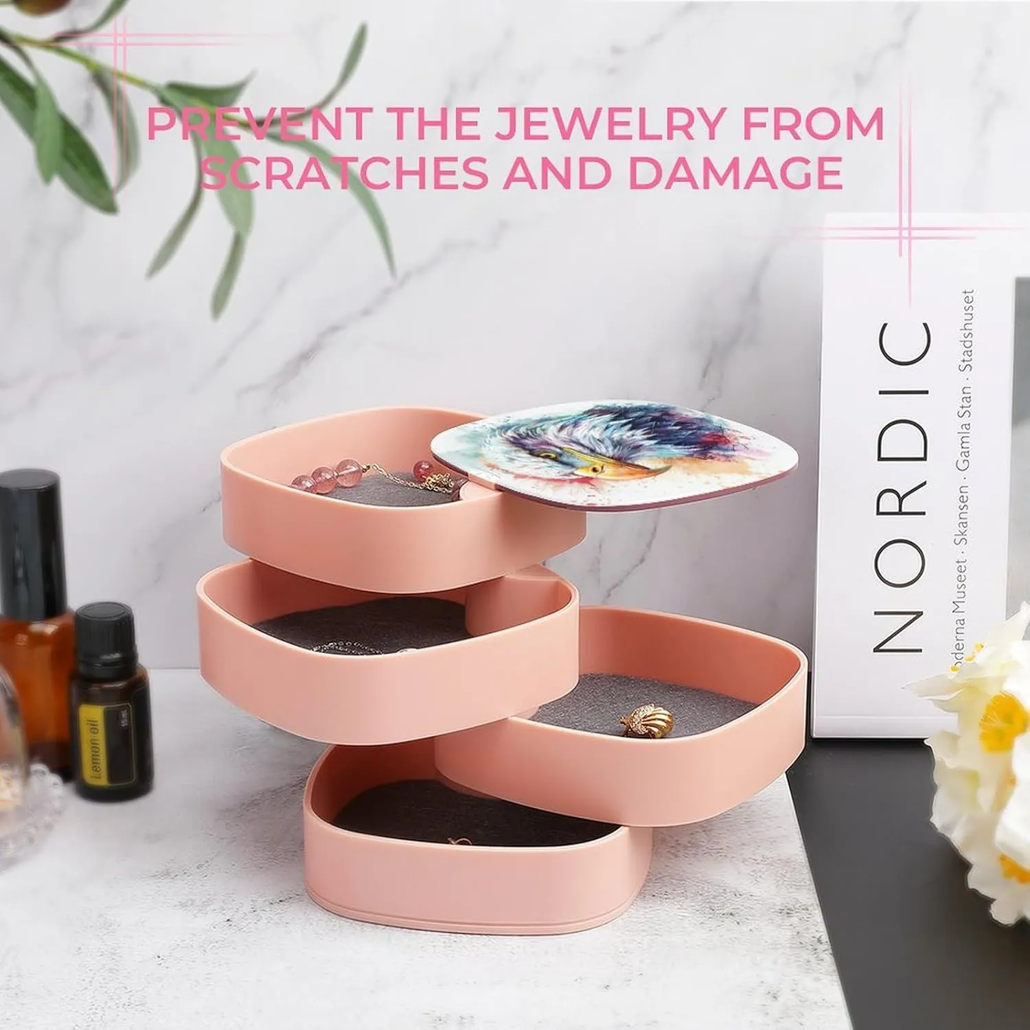 Adorable Hand-drawn Illustration of Eagle Jewelry Boxes for Women,full of Cute Details Earring Holder Organizer Rotating Jewelry Organizer for Necklaces Bracelets Ring