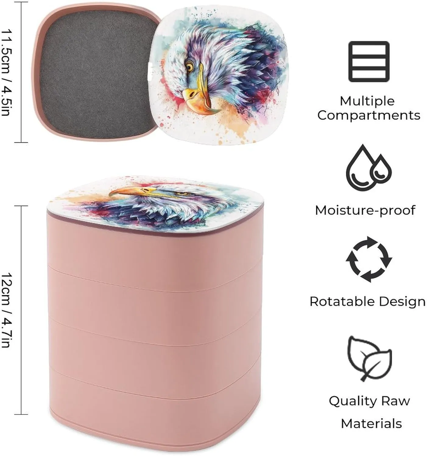 Adorable Hand-drawn Illustration of Eagle Jewelry Boxes for Women,full of Cute Details Earring Holder Organizer Rotating Jewelry Organizer for Necklaces Bracelets Ring