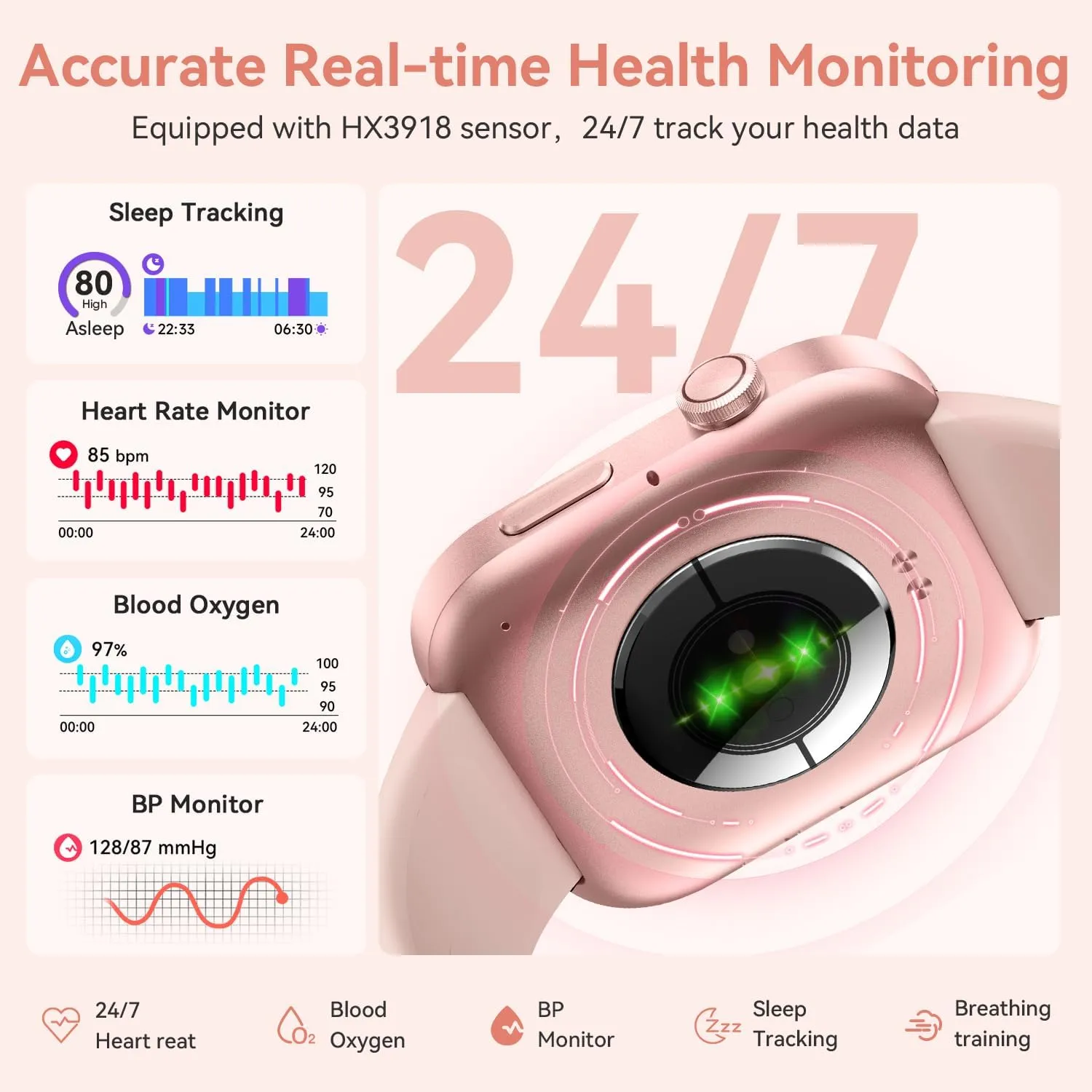 aeac Smart Watch for Women Men iPhone & Android,1.99" AMOLED Screen 3ATM Waterproof Fitness Watch with Answer/Make Call AI Voice,24H-Heart Rate/SpO2/BP Monitor,120  Sports Modes (Pink, 1.99)