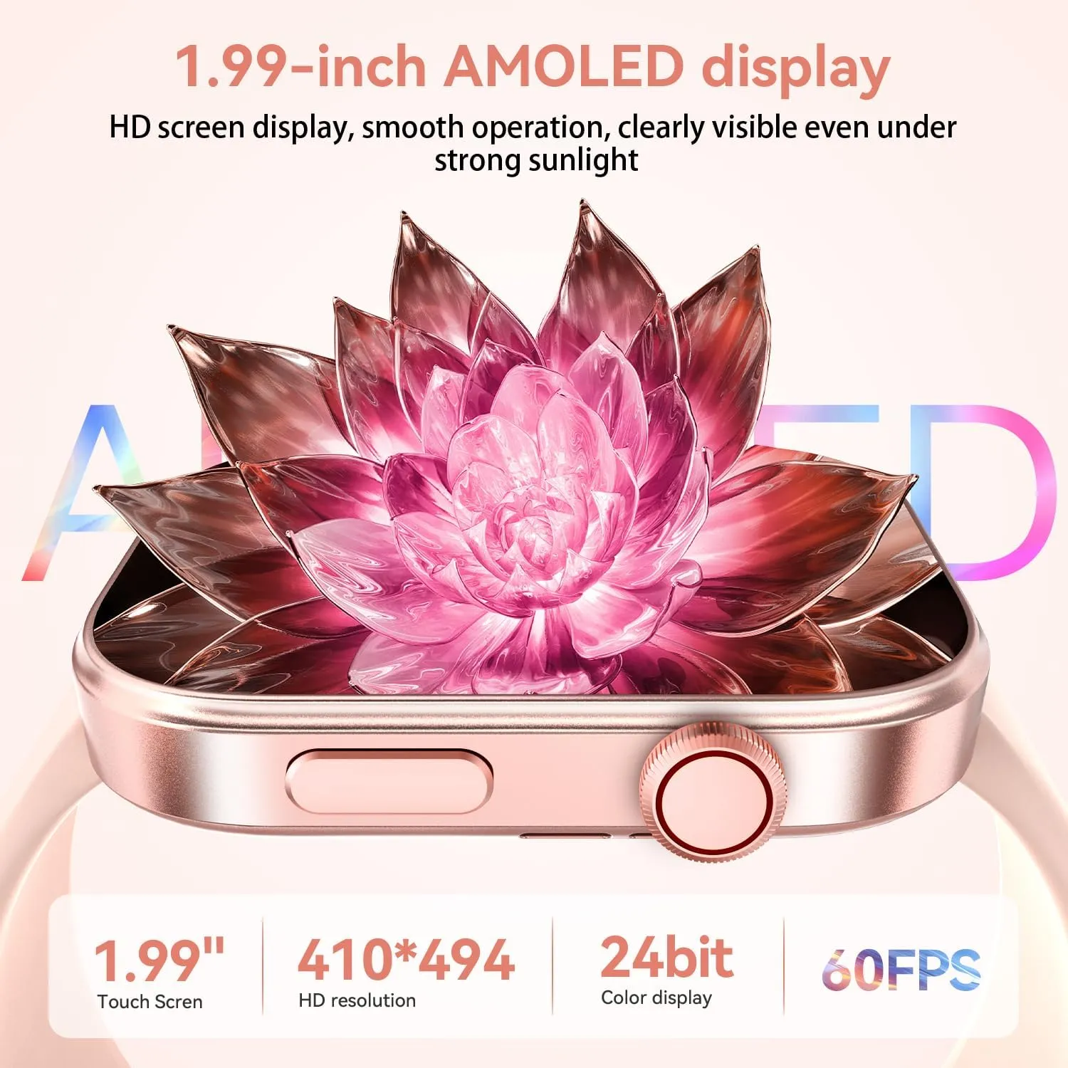 aeac Smart Watch for Women Men iPhone & Android,1.99" AMOLED Screen 3ATM Waterproof Fitness Watch with Answer/Make Call AI Voice,24H-Heart Rate/SpO2/BP Monitor,120  Sports Modes (Pink, 1.99)