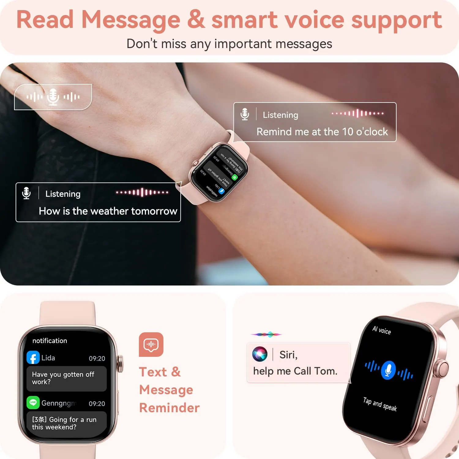 aeac Smart Watch for Women Men iPhone & Android,1.99" AMOLED Screen 3ATM Waterproof Fitness Watch with Answer/Make Call AI Voice,24H-Heart Rate/SpO2/BP Monitor,120  Sports Modes (Pink, 1.99)