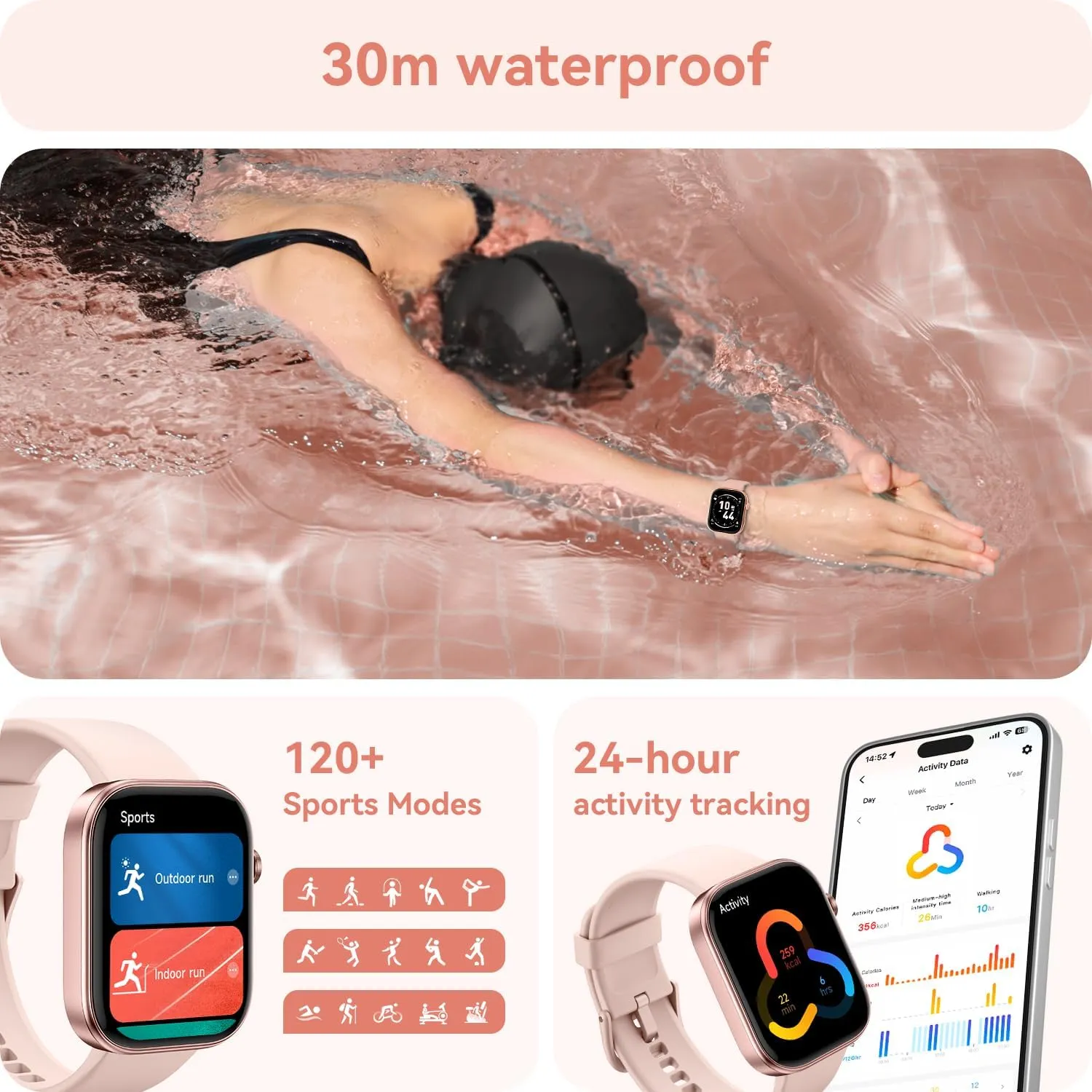 aeac Smart Watch for Women Men iPhone & Android,1.99" AMOLED Screen 3ATM Waterproof Fitness Watch with Answer/Make Call AI Voice,24H-Heart Rate/SpO2/BP Monitor,120  Sports Modes (Pink, 1.99)