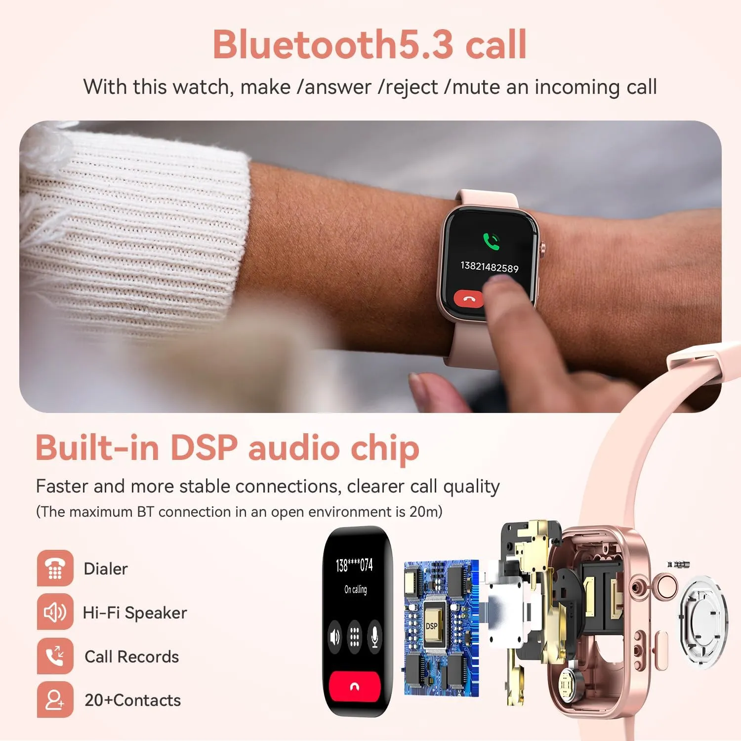 aeac Smart Watch for Women Men iPhone & Android,1.99" AMOLED Screen 3ATM Waterproof Fitness Watch with Answer/Make Call AI Voice,24H-Heart Rate/SpO2/BP Monitor,120  Sports Modes (Pink, 1.99)