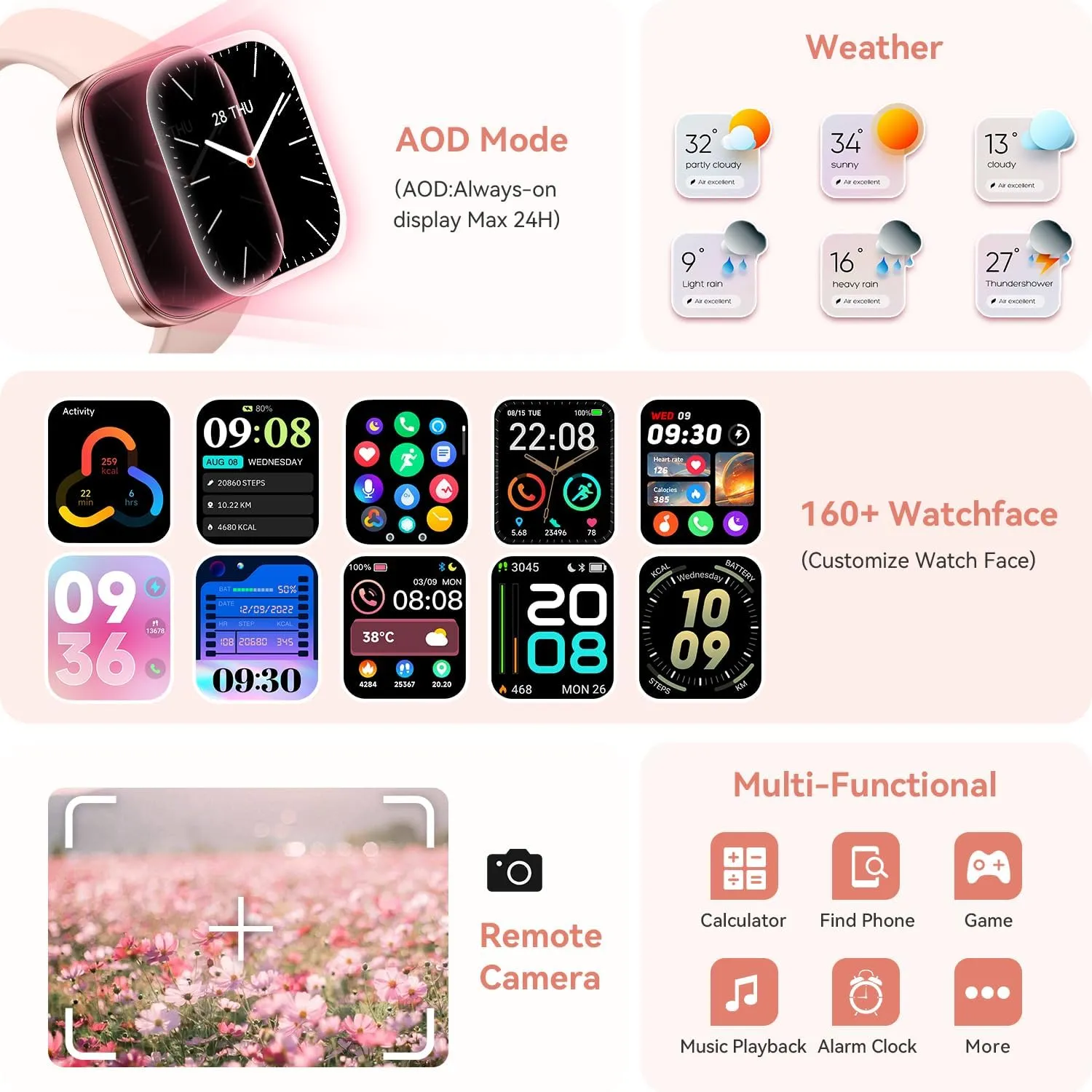 aeac Smart Watch for Women Men iPhone & Android,1.99" AMOLED Screen 3ATM Waterproof Fitness Watch with Answer/Make Call AI Voice,24H-Heart Rate/SpO2/BP Monitor,120  Sports Modes (Pink, 1.99)