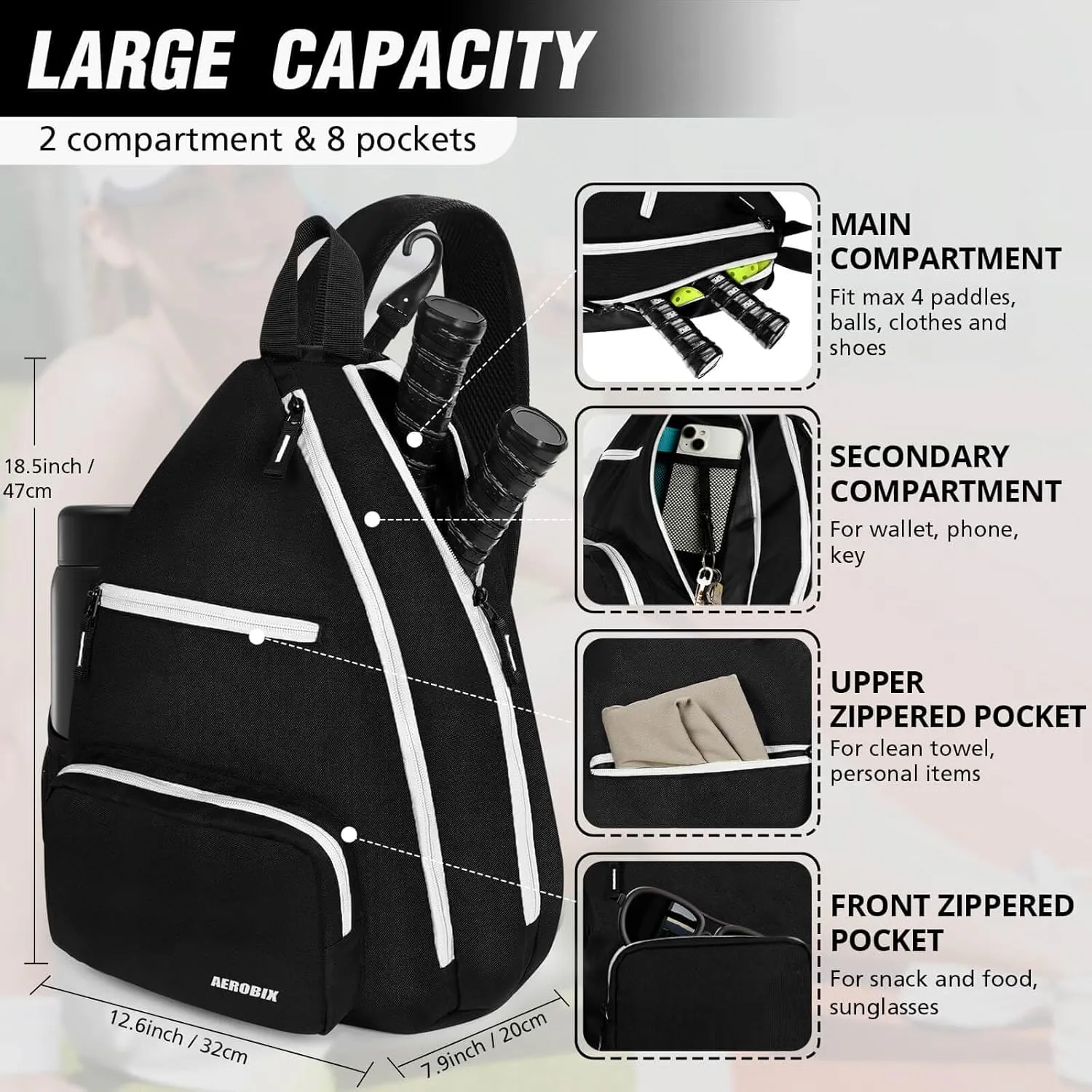 AEROBIX Pickleball Bag for Women & Men, Pickle Ball Backpack - Upgraded Zippers, Large Capacity, Padded Paddle Pocket, Adjustable Sling Bag (No Accessories)