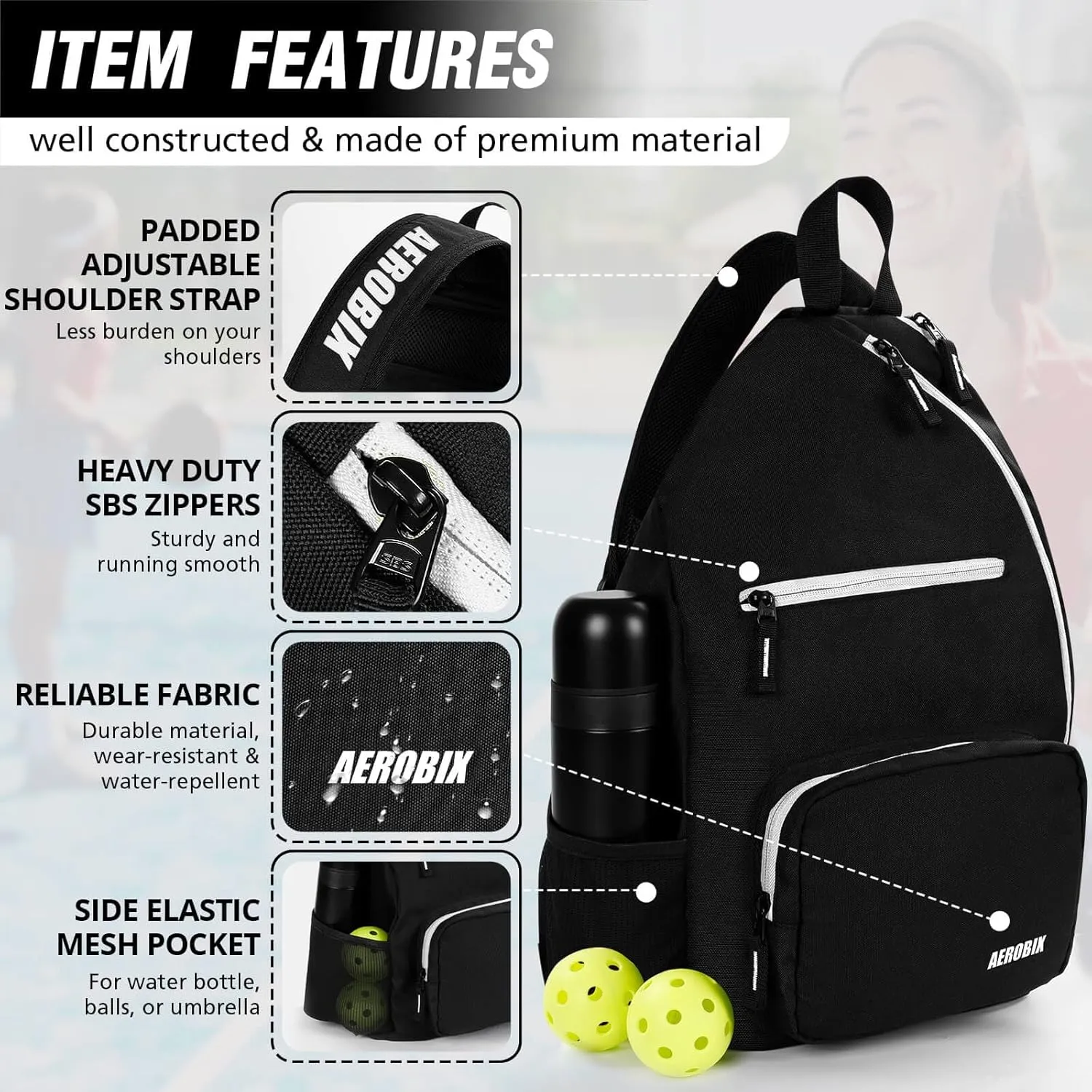AEROBIX Pickleball Bag for Women & Men, Pickle Ball Backpack - Upgraded Zippers, Large Capacity, Padded Paddle Pocket, Adjustable Sling Bag (No Accessories)