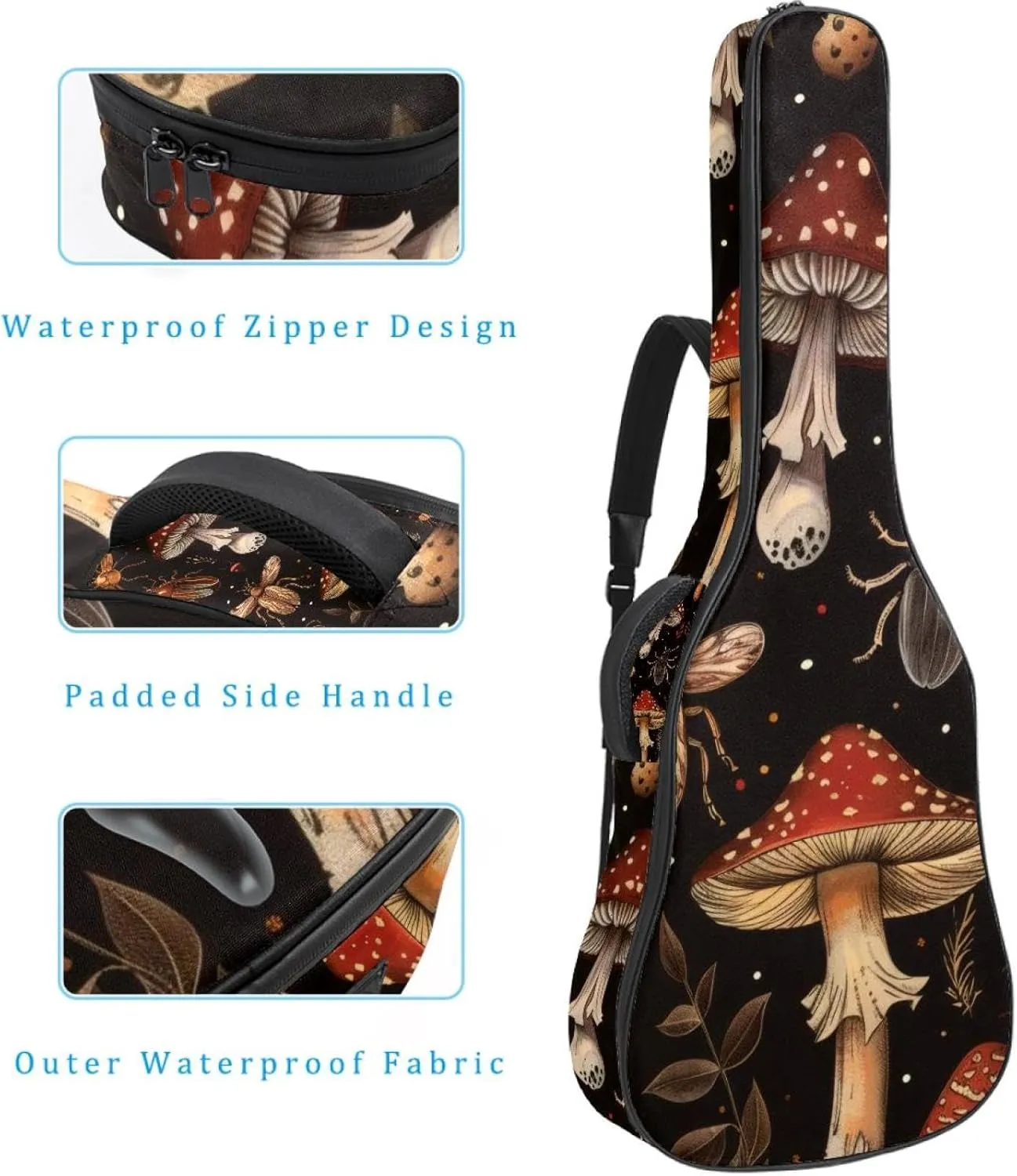 Aesthetic Mushroom Insects Pattern Acoustic Guitar Bag, Guitar Case Gig Bag 40 41 42 inch with Dual Adjustable Shoulder Strap and Back Hanger Loop