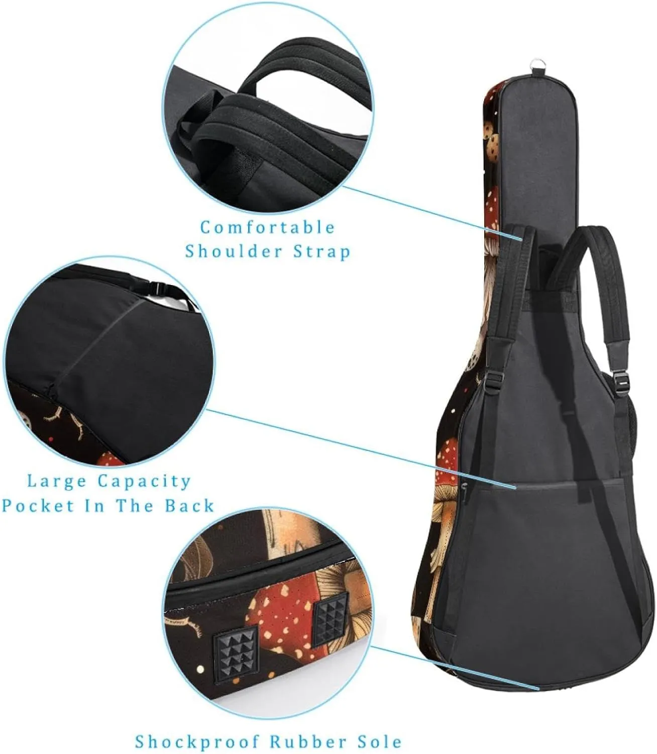 Aesthetic Mushroom Insects Pattern Acoustic Guitar Bag, Guitar Case Gig Bag 40 41 42 inch with Dual Adjustable Shoulder Strap and Back Hanger Loop