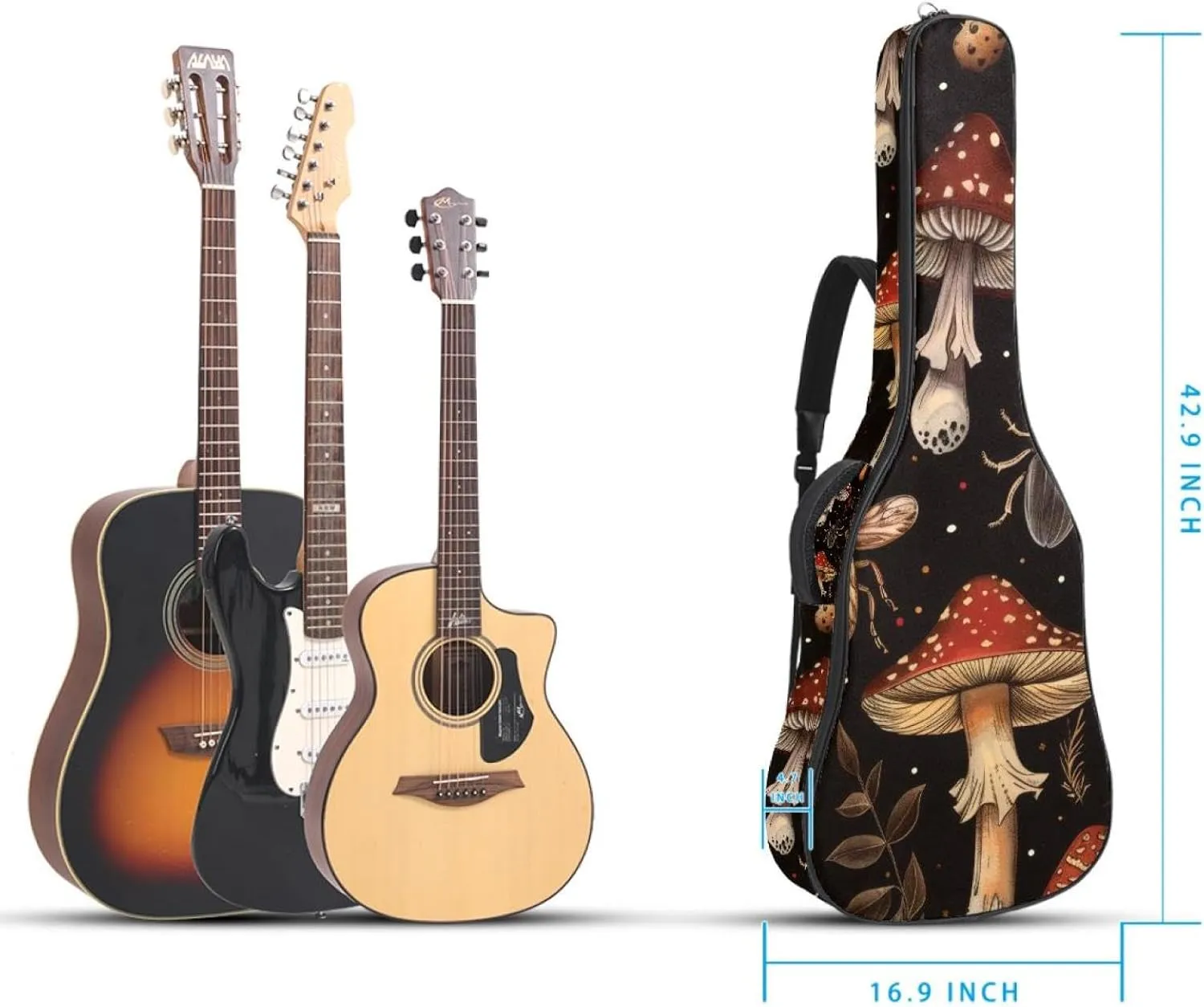 Aesthetic Mushroom Insects Pattern Acoustic Guitar Bag, Guitar Case Gig Bag 40 41 42 inch with Dual Adjustable Shoulder Strap and Back Hanger Loop