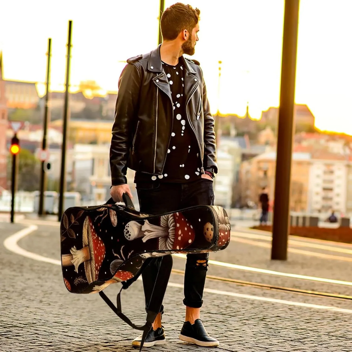 Aesthetic Mushroom Insects Pattern Acoustic Guitar Bag, Guitar Case Gig Bag 40 41 42 inch with Dual Adjustable Shoulder Strap and Back Hanger Loop