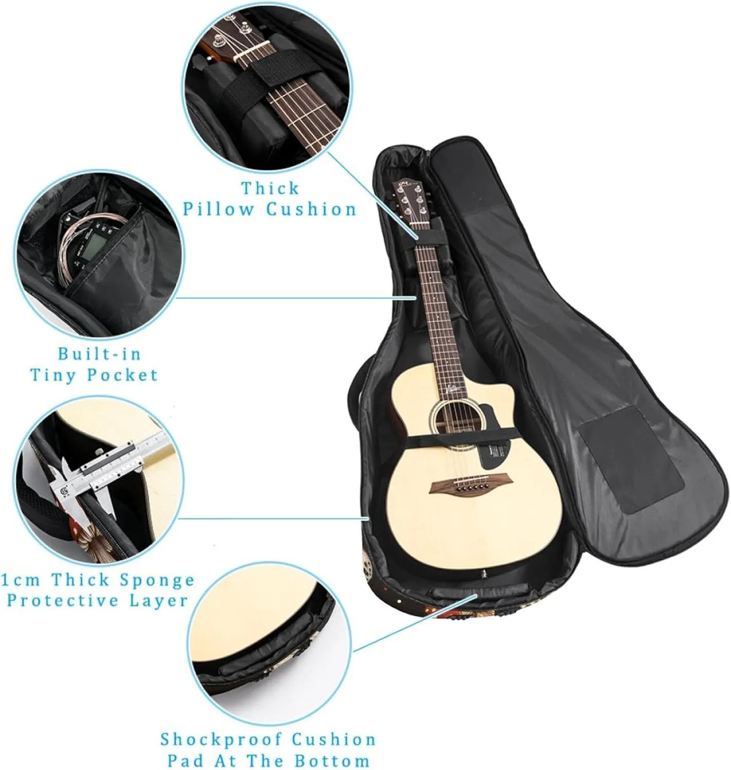 Aesthetic Mushroom Insects Pattern Acoustic Guitar Bag, Guitar Case Gig Bag 40 41 42 inch with Dual Adjustable Shoulder Strap and Back Hanger Loop