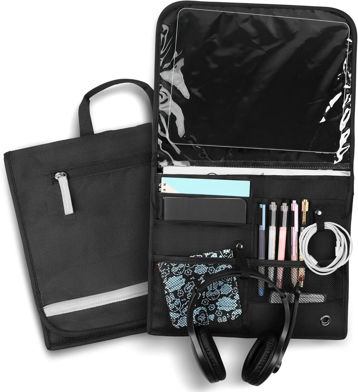 Airplane Pocket Organizer with Tray Table Cover,Portable Flight Seat Back Organizer&Storage Bag for Travel Essentials(Black, Short Zipper Lined)