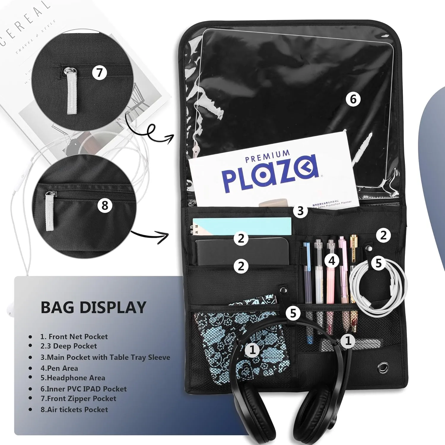 Airplane Pocket Organizer with Tray Table Cover,Portable Flight Seat Back Organizer&Storage Bag for Travel Essentials(Black, Short Zipper Lined)