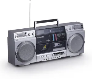 aiwa Retro Boombox CD Player with Cassette Recording, Bluetooth 5.0, FM/AM Radio, USB/SD/AUX Inputs, VU Meters, LCD Display, Dual 40W Speakers - Silver