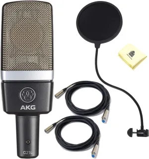 AKG Pro Audio C214 Professional Large Diaphragm Condenser Microphone (Grey) with POP Filter | 2 x Senor XLR Microphone Cables and Zorro Polishing Cloth