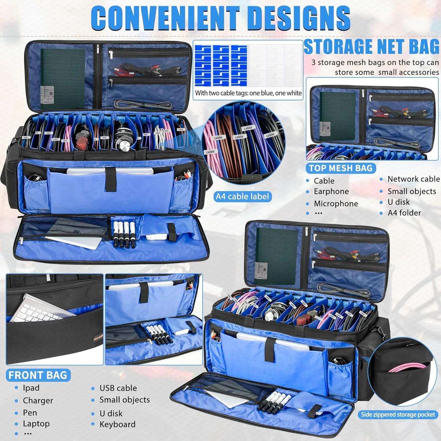 AKOZLIN Cable File Bag DJ Gig Bag Cord Organizer Case with Detachable Dividers for Laptop,DJ Gear, Sound Instrument Accessories Blue