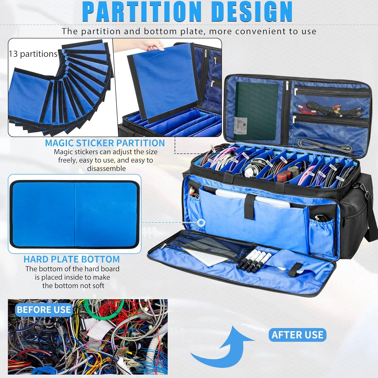 AKOZLIN Cable File Bag DJ Gig Bag Cord Organizer Case with Detachable Dividers for Laptop,DJ Gear, Sound Instrument Accessories Blue