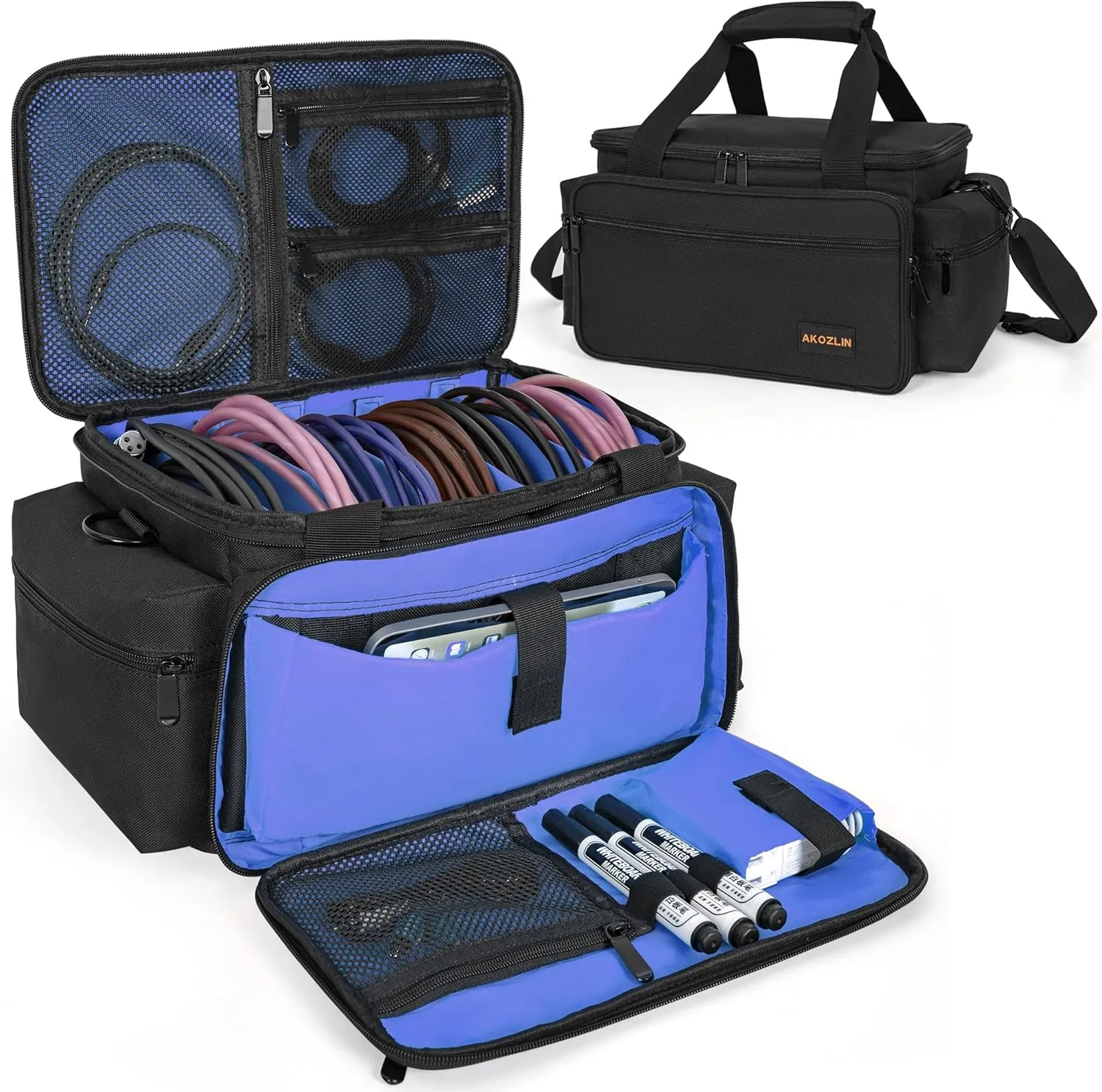 AKOZLIN Cable File Bag DJ Gig Bag Cord Organizer Case with Detachable Dividers for Laptop,DJ Gear, Sound Instrument and Music Equipment Accessories 13"×8.3"×8.3" Black Blue