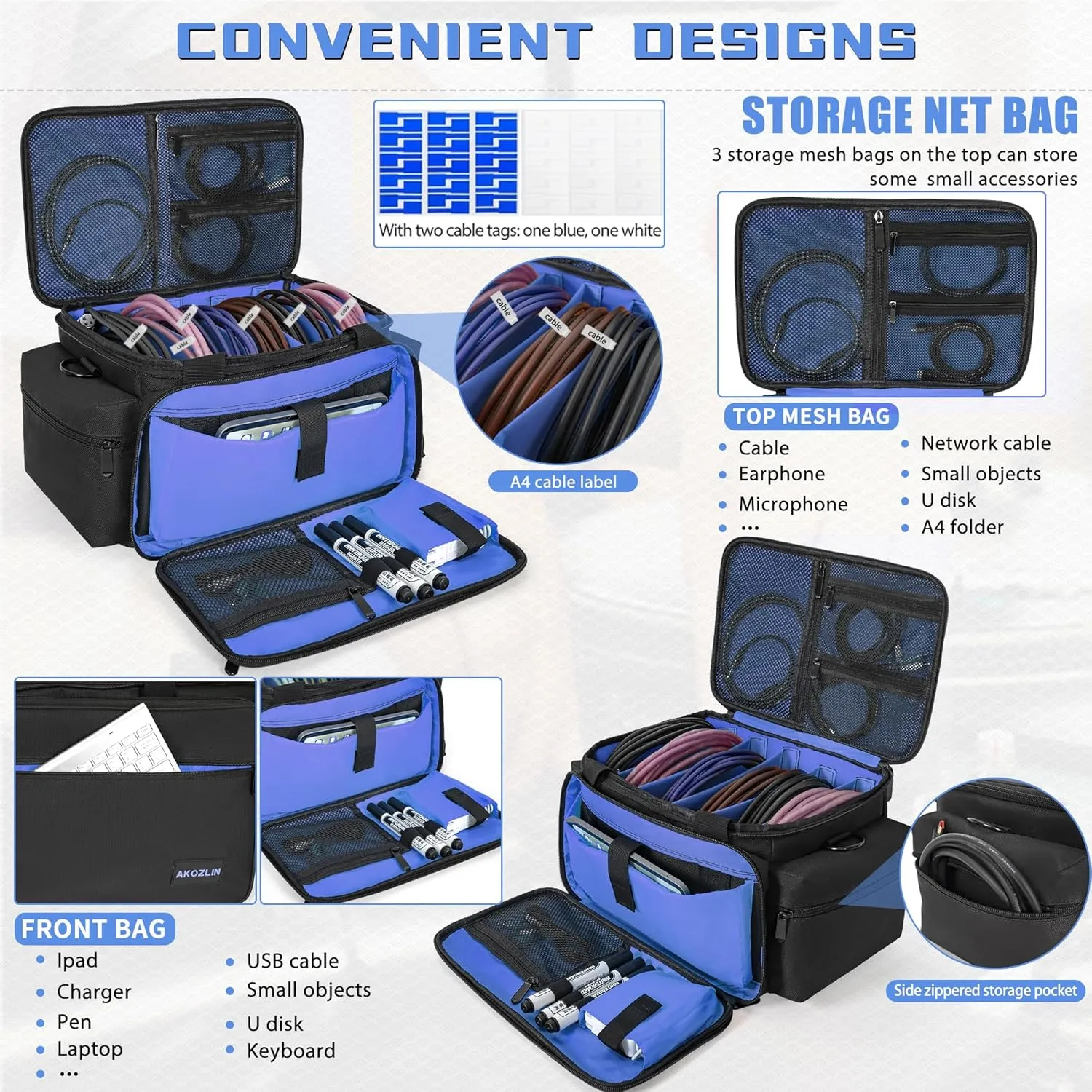 AKOZLIN Cable File Bag DJ Gig Bag Cord Organizer Case with Detachable Dividers for Laptop,DJ Gear, Sound Instrument and Music Equipment Accessories 13"×8.3"×8.3" Black Blue
