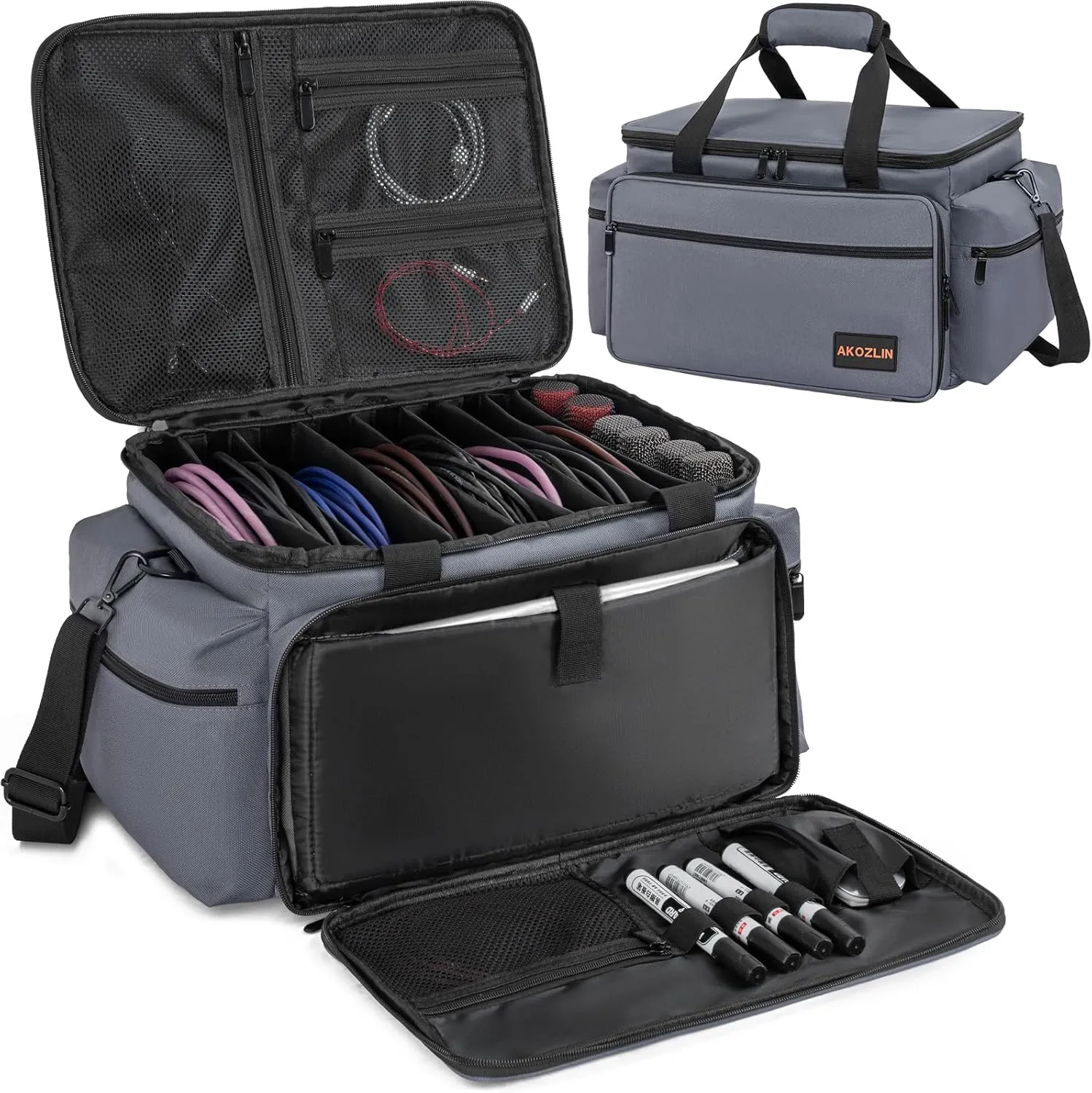 AKOZLIN Cable File Bag DJ Gig Bag Cord Organizer Case with Detachable Dividers for Laptop,DJ Gear, Sound Instrument and Music Equipment Accessories 16"x11"x10" Grey