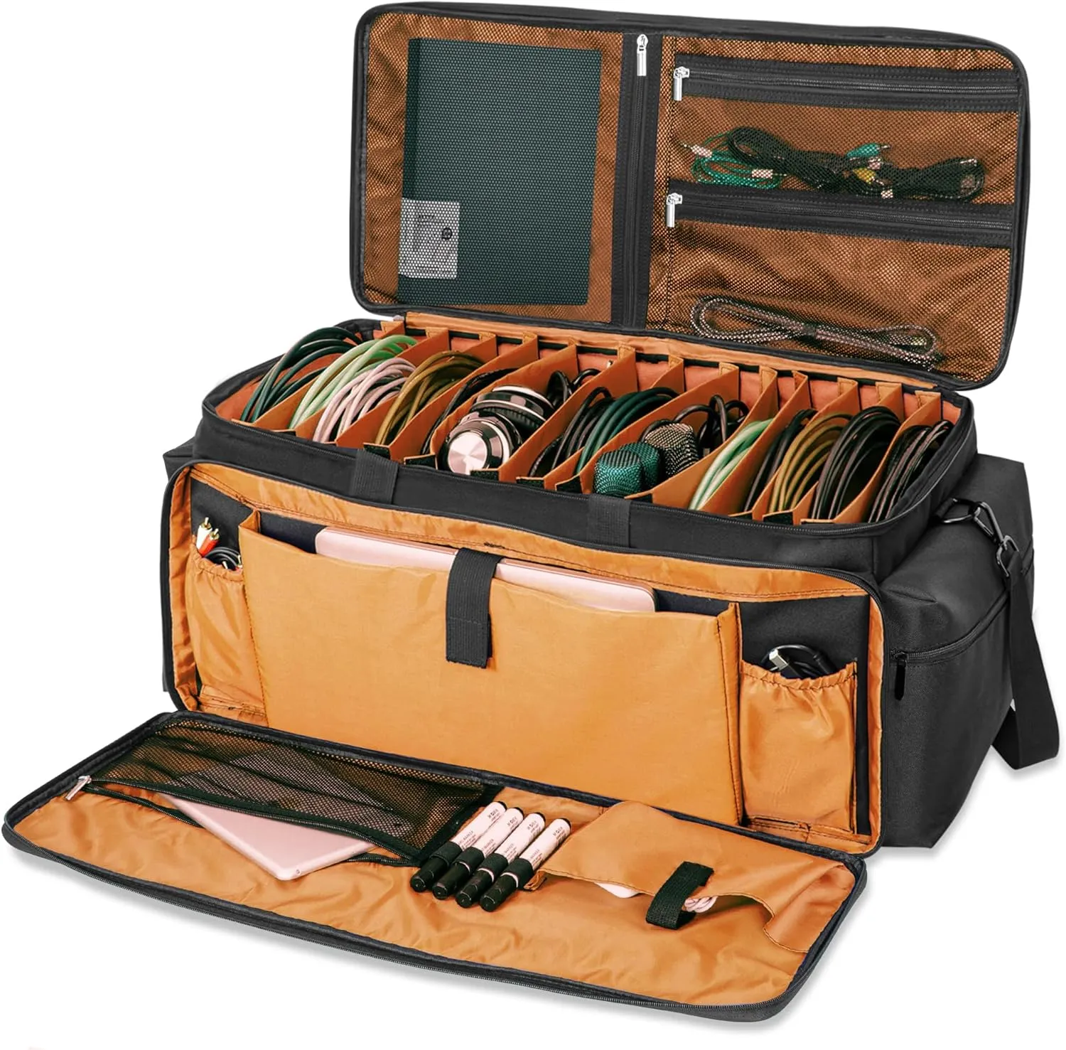 AKOZLIN Cable File Bag with Detachable Dividers, DJ Gig Bag Cord Organizer Case for Laptop,DJ Gear, Sound Instrument and Music Equipment Accessories Black Orange