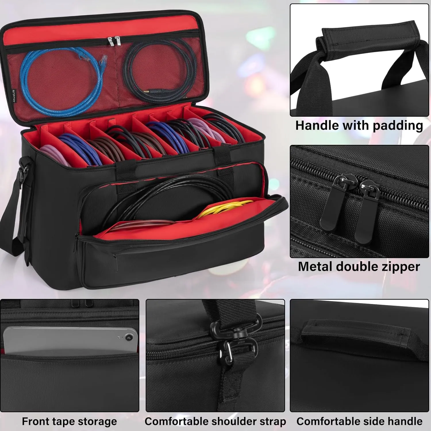 AKOZLIN Large Travel Gig Band Cable File Bag With Detachable Dividers DJ Cord Organizer Case for DJ Gear Sound Instrument and Musician Accessories Red
