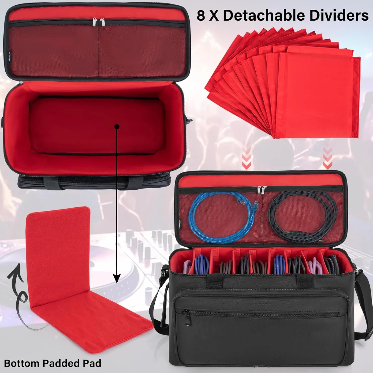 AKOZLIN Large Travel Gig Band Cable File Bag With Detachable Dividers DJ Cord Organizer Case for DJ Gear Sound Instrument and Musician Accessories Red
