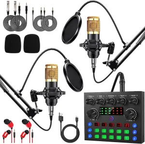 ALPOWL Podcast Equipment Bundle for 2, Audio Interface with Cardioid Designer BM800 Mic for Gamer and All-in-One DJ Mixer, Perfect for Live Streaming, Singing, YouTube, Gaming(Gold)