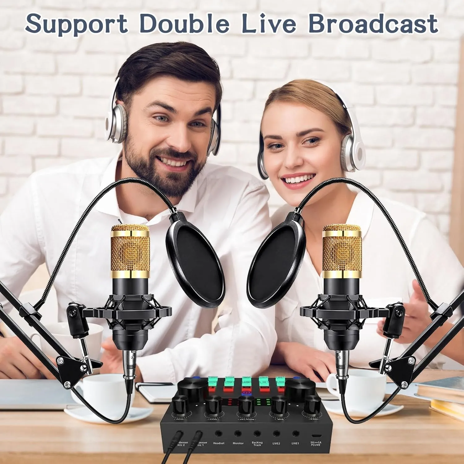 ALPOWL Podcast Equipment Bundle for 2, Audio Interface with Cardioid Designer BM800 Mic for Gamer and All-in-One DJ Mixer, Perfect for Live Streaming, Singing, YouTube, Gaming(Gold)