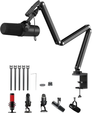 Aluminum Alloy Boom Arm Microphone Stand for Desk, Three-Section Adjustable Mic Arm Mount with Cable Management Channels for Desktop Podcasting, Recording, Streaming, Gaming, Home Office-Black