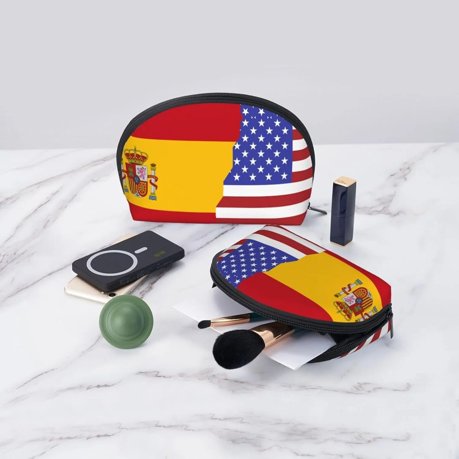AMAZWI American Spain Flag 2 Pcs Cosmetic Bags Portable Bag Clutch Pouch Travel Purse With Zipper Handbag Organizer,Unisex