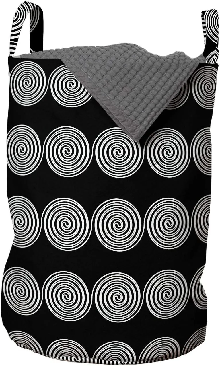 Ambesonne Abstract Geometry Laundry Bag, Rhythmic Swirls Connected Lines Stripes Arrangement Pattern, Hamper Basket with Handles Drawstring Closure for Laundromats, 13" x 19", Charcoal Grey and White