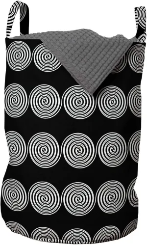 Ambesonne Abstract Geometry Laundry Bag, Rhythmic Swirls Connected Lines Stripes Arrangement Pattern, Hamper Basket with Handles Drawstring Closure for Laundromats, 13" x 19", Charcoal Grey and White
