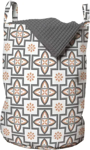 Ambesonne Abstract Geometry Laundry Bag, Rhythmic Traditional Mosaic Tiles Inspired Motifs Illustration, Hamper Basket with Handles Drawstring Closure for Laundromats, 13" x 19", White Salmon Dimgray