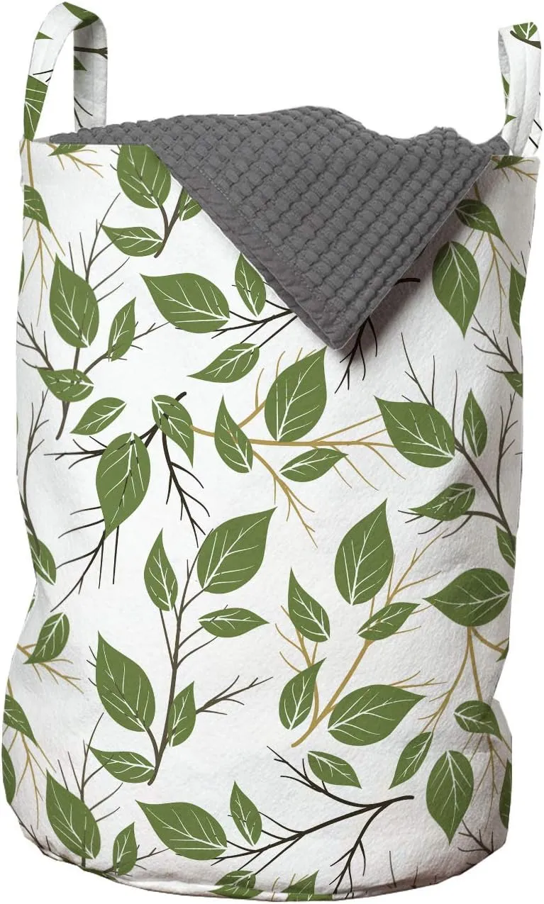 Ambesonne Aloha Laundry Bag, Interpretation of Branches with Leaves Flourishing on a Plain Background, Hamper Basket with Handles Drawstring Closure for Laundromats, 13" x 19", Brown Green Camel
