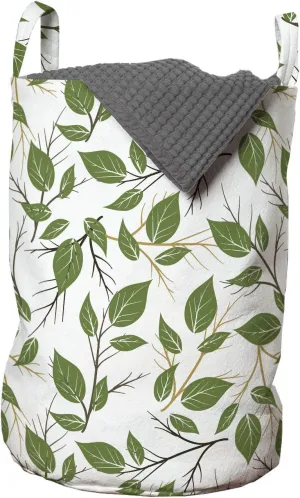 Ambesonne Aloha Laundry Bag, Interpretation of Branches with Leaves Flourishing on a Plain Background, Hamper Basket with Handles Drawstring Closure for Laundromats, 13" x 19", Brown Green Camel