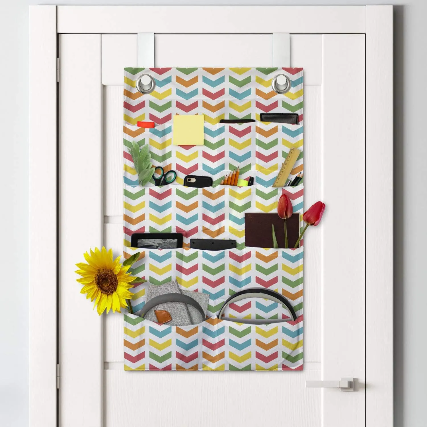 Ambesonne Arrow Hanging Pocket Organizer, Illustration of Colorful Repetitive Arrows Pointing Downwards on a Plain Background, Printed Polyester Storage Bag with Pockets, 21" x 31", Multicolor