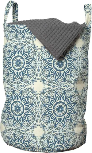 Ambesonne Blue Mandala Laundry Bag, Repetitive Abstract Sunflower Interpretation Folkloric Motifs Print, Hamper Basket with Handles Drawstring Closure for Laundromats, 13" x 19", Ivory and Petrol Blue