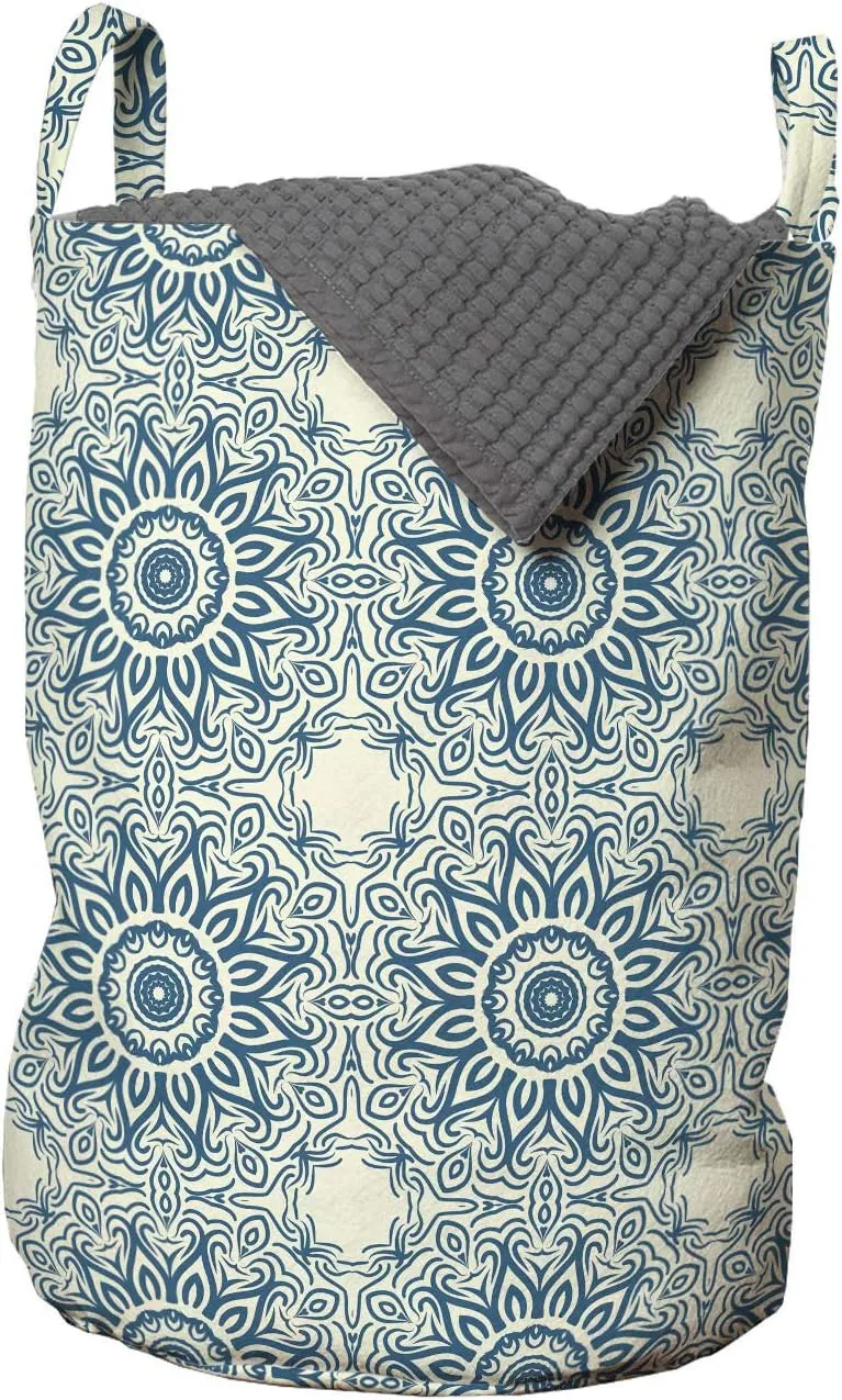 Ambesonne Blue Mandala Laundry Bag, Repetitive Abstract Sunflower Interpretation Folkloric Motifs Print, Hamper Basket with Handles Drawstring Closure for Laundromats, 13" x 19", Ivory and Petrol Blue