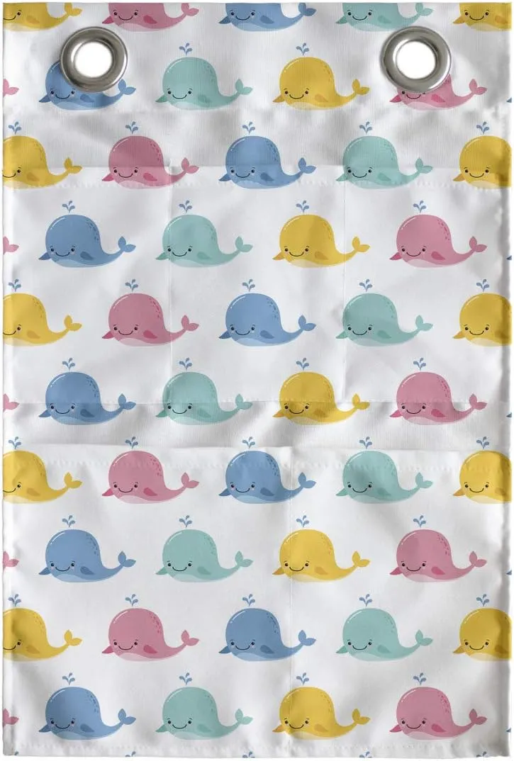 Ambesonne Blue Nautical Hanging Pocket Organizer, Demonstration of Repeated Funny Whales Summer Time Kawaii Style Design, Printed Polyester Storage Bag with Pockets, 14" x 20", White Multicolor