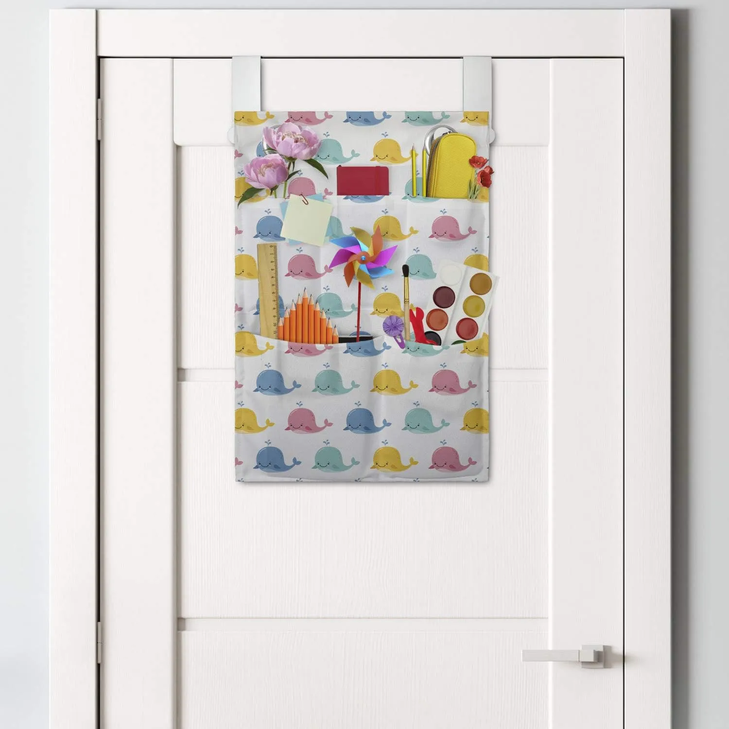 Ambesonne Blue Nautical Hanging Pocket Organizer, Demonstration of Repeated Funny Whales Summer Time Kawaii Style Design, Printed Polyester Storage Bag with Pockets, 14" x 20", White Multicolor