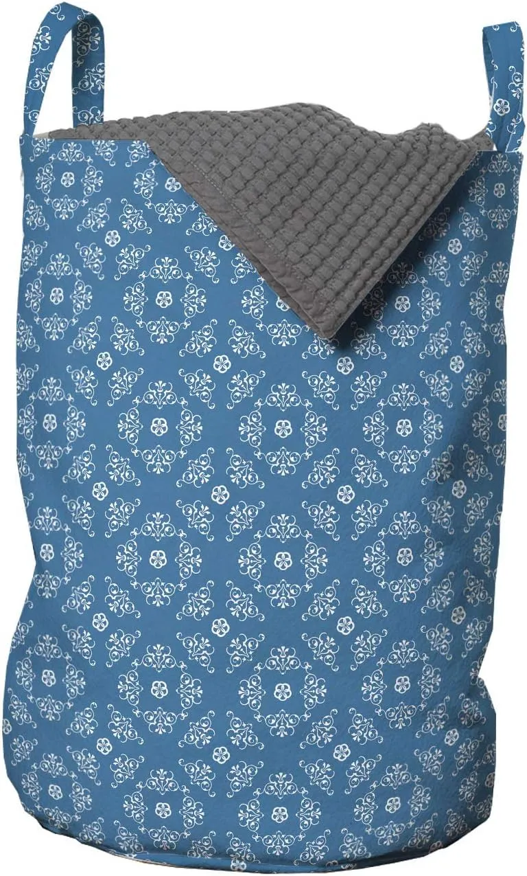 Ambesonne Blue Paisley Laundry Bag, Symmetrical Arrangement Curlicue Style Bicolored Illustration Pattern, Hamper Basket with Handles Drawstring Closure for Laundromats, 13" x 19", Sea Blue Pale Blue