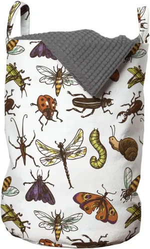 Ambesonne Bugs Laundry Bag, Sketch Style Arrangement of Insects Grasshopper Ladybug and Butterfly Illustration, Hamper Basket with Handles Drawstring Closure for Laundromats, 13" x 19", Multicolor