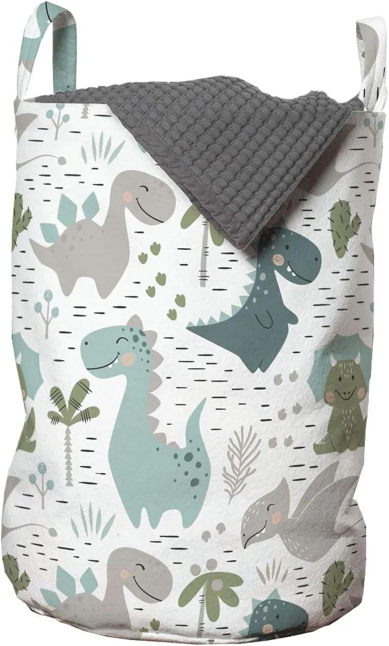 Ambesonne Cartoon Laundry Bag, Smiling Dinosaurs with Palm and Cactus, Hamper Basket with Handles Drawstring Closure for Laundromats, 13" x 19", White Seafoam