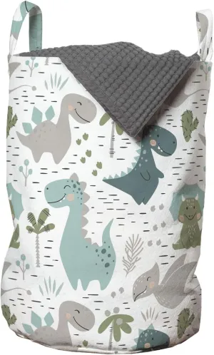 Ambesonne Cartoon Laundry Bag, Smiling Dinosaurs with Palm and Cactus, Hamper Basket with Handles Drawstring Closure for Laundromats, 13" x 19", White Seafoam