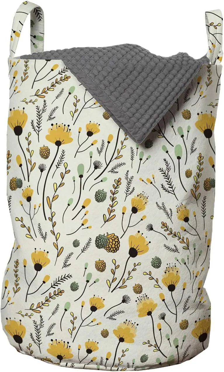 Ambesonne Cartoon Laundry Bag, Yellow Flowers with Acorns and Foliage Pattern Ecology Themed Spring, Hamper Basket with Handles Drawstring Closure for Laundromats, 13" x 19", Yellow Sea Green Black