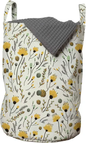 Ambesonne Cartoon Laundry Bag, Yellow Flowers with Acorns and Foliage Pattern Ecology Themed Spring, Hamper Basket with Handles Drawstring Closure for Laundromats, 13" x 19", Yellow Sea Green Black