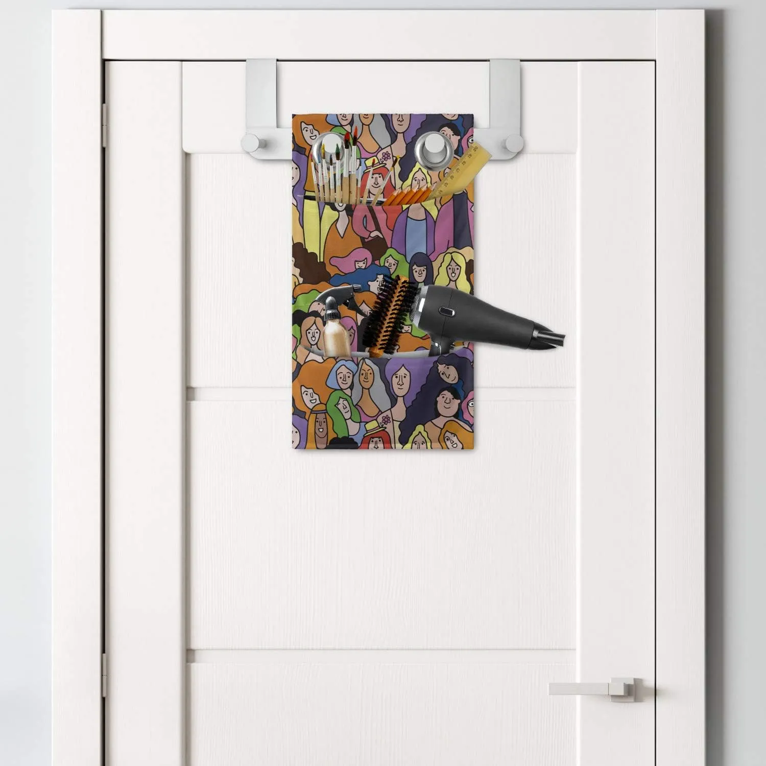 Ambesonne Feminism Hanging Pocket Organizer, Doodle Style Interpretation of Many Women Assembled Together in Union and Peace, Printed Polyester Storage Bag with Pockets, 9" x 16", Multicolor