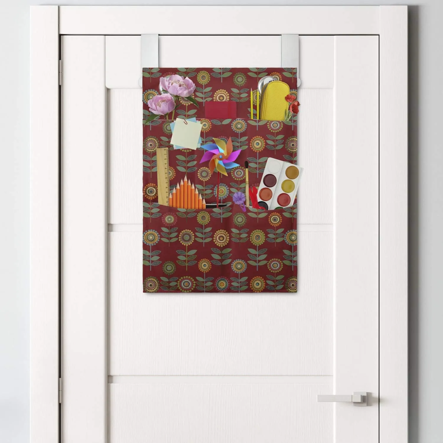 Ambesonne Floral Hanging Pocket Organizer, Interpretation of Bizarre Flower Silhouettes Intricate Circles Dots, Printed Polyester Storage Bag with Pockets, 14" x 20", Burgundy and Multicolor