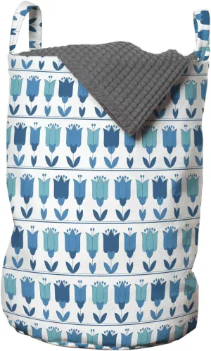 Ambesonne Floral Laundry Bag, Holland Tulips Aligned Horizontally Folk Pattern Continuous Illustration, Hamper Basket with Handles Drawstring Closure for Laundromats, 13" x 19", Sea Blue Multicolor